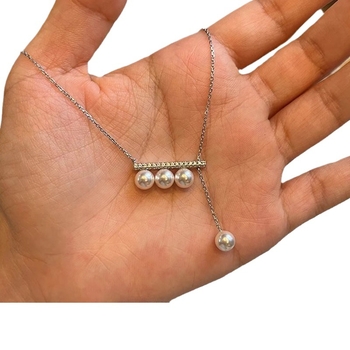 Colier din argint 925 cu perle artificiale, stil ușor luxos, design geometric, lanț reglabil 40+5 cm, lungime 41-50 cm, pentru femei