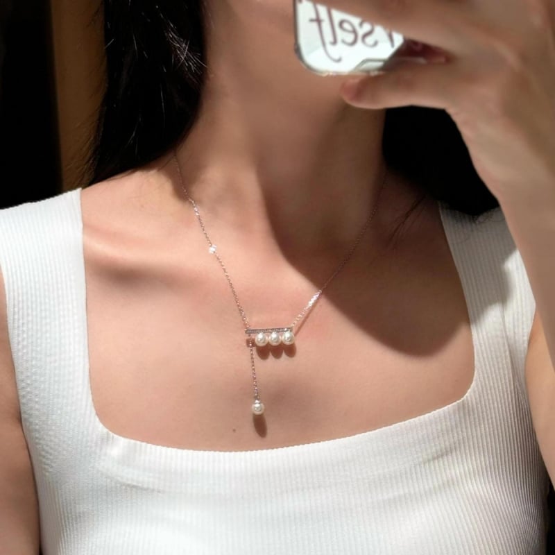 Colier din argint 925 cu perle artificiale, stil ușor luxos, design geometric, lanț reglabil 40+5 cm, lungime 41-50 cm, pentru femei