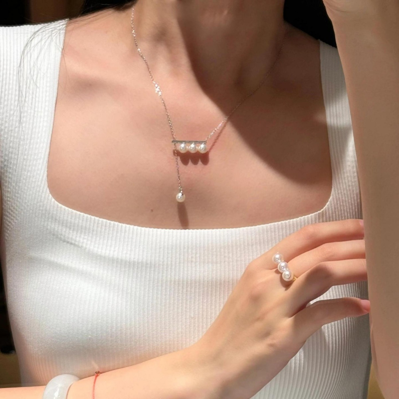 Colier din argint 925 cu perle artificiale, stil ușor luxos, design geometric, lanț reglabil 40+5 cm, lungime 41-50 cm, pentru femei