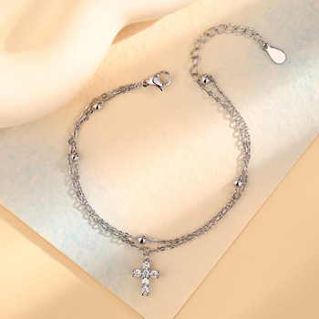 Brățară cu cruce dublă, mărgele rotunde de zirconiu, cupru, brand Ancient mao ning, stil geometric feminin