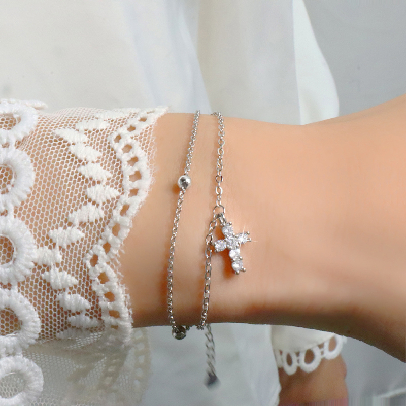 Brățară cu cruce dublă, mărgele rotunde de zirconiu, cupru, brand Ancient mao ning, stil geometric feminin