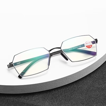 Ochelari de lectură cu protecție împotriva luminii albastre, ramă metalică pătrată, design fără șuruburi, lentilă asferică