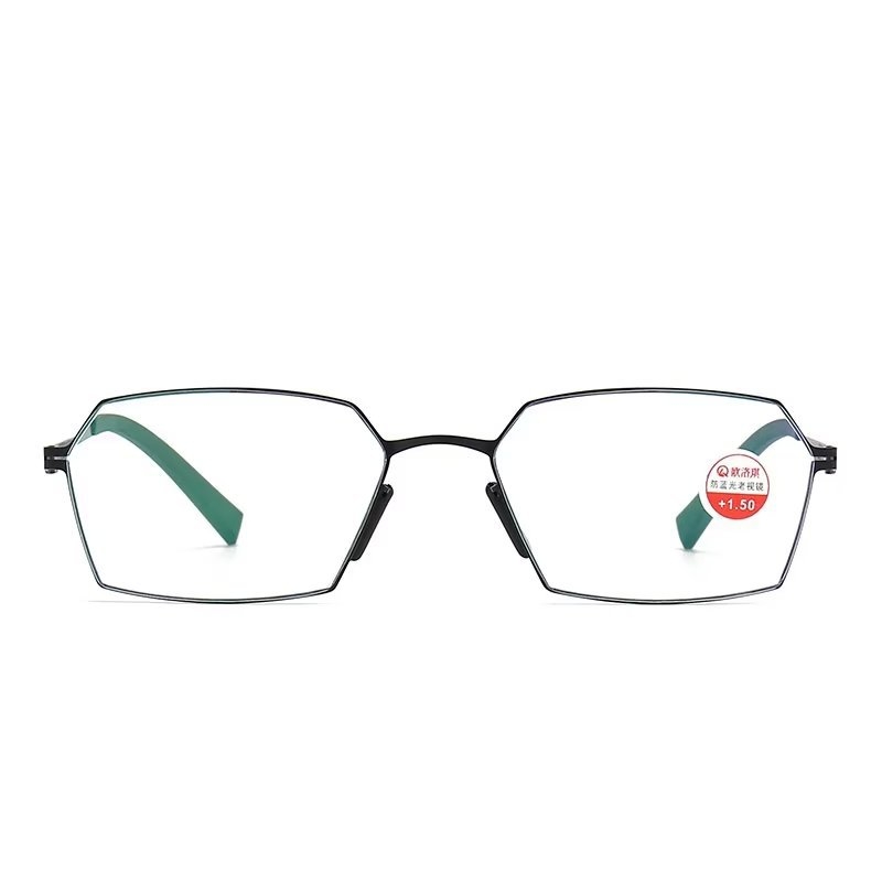 Ochelari de lectură cu protecție împotriva luminii albastre, ramă metalică pătrată, design fără șuruburi, lentilă asferică