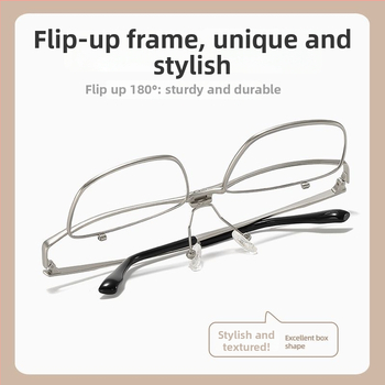 Ochelari de citit Elderly 100 cu anti-lumină albastră, lentile din rășină, 180° flip-up, ramă completă pătrată din metal, toamnă 2024
