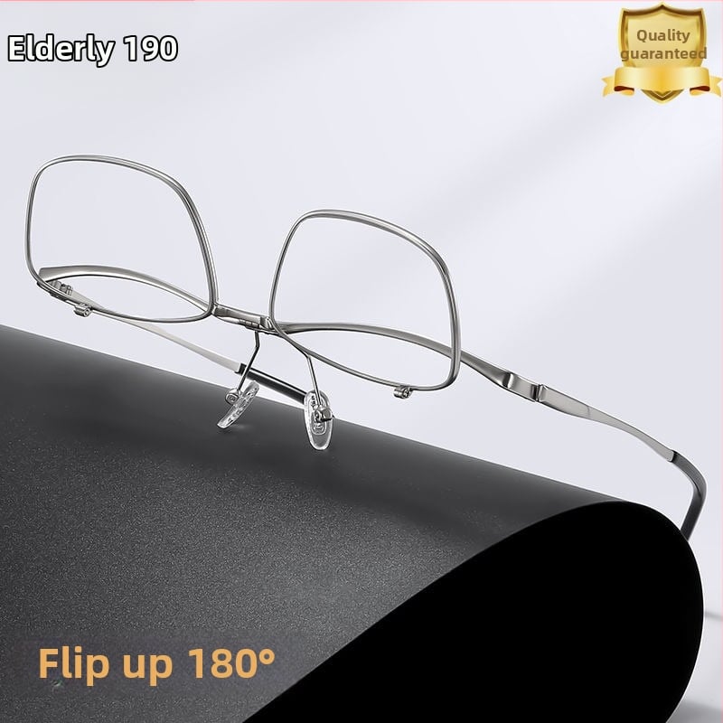 Ochelari de citit Elderly 100 cu anti-lumină albastră, lentile din rășină, 180° flip-up, ramă completă pătrată din metal, toamnă 2024