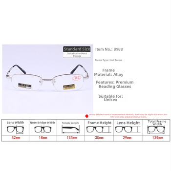 Ochelari de citit unisex, ramă metalică cu jumătate, lentile AC, stil business elegant