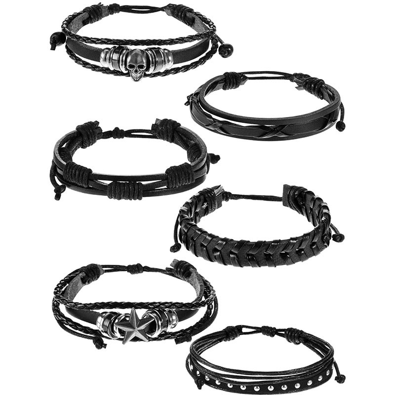6 darabos PU bőrből készült szegecses karkötő készlet - uniszex, geometriai dizájn