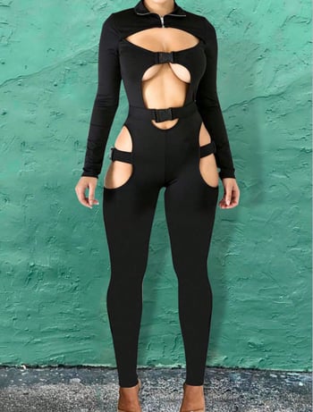Kombinezon sa zatvara zipom - uski kroj, dugi rukav, punk ulični stil, Spandex tkanina