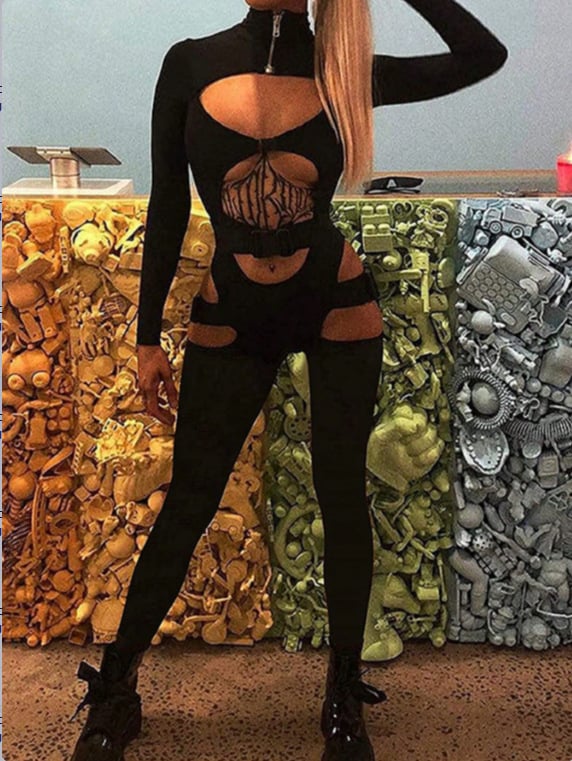 Kombinezon sa zatvara zipom - uski kroj, dugi rukav, punk ulični stil, Spandex tkanina