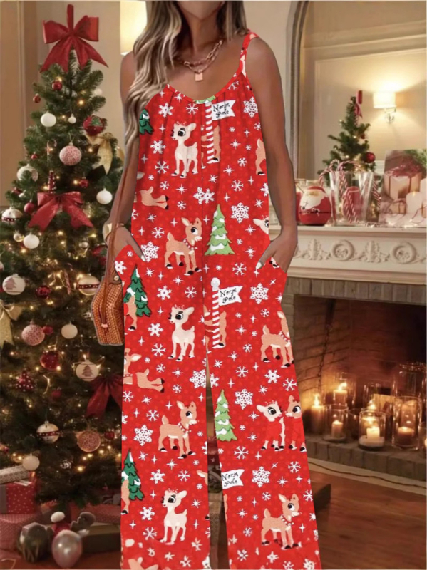 Γυναικεία ολόσωμη φόρμα από Milk Silk με V-λαιμό, τιράντες και ζώνη, φαρδιά παντελόνια, εκτύπωση ελάφια και Χριστουγεννιάτικου δέντρου