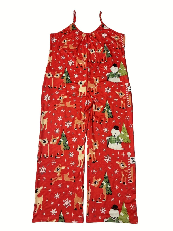Γυναικεία ολόσωμη φόρμα από Milk Silk με V-λαιμό, τιράντες και ζώνη, φαρδιά παντελόνια, εκτύπωση ελάφια και Χριστουγεννιάτικου δέντρου