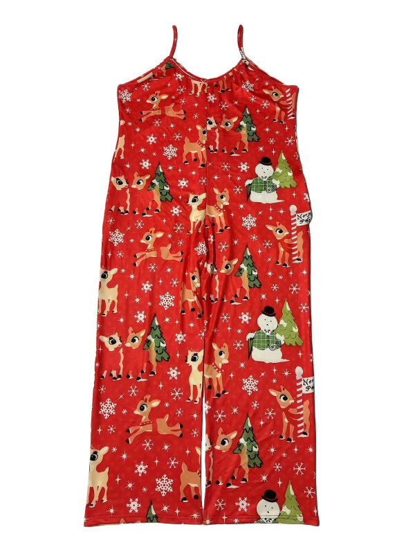 Γυναικεία ολόσωμη φόρμα από Milk Silk με V-λαιμό, τιράντες και ζώνη, φαρδιά παντελόνια, εκτύπωση ελάφια και Χριστουγεννιάτικου δέντρου