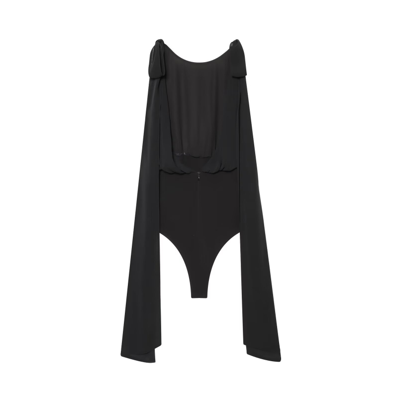 Γυναικείος ολόσωμος jumpsuit με γεωργέτα σε πάνελ και φιόγκο, Λάικρα ανάμικτη, μεσαία μέση, ίσιο παντελόνι, μανίκια 3/4