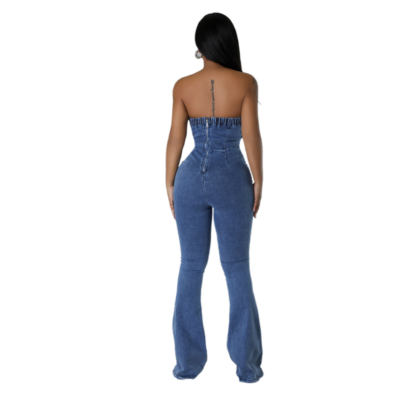 Τζιν ολόσωμη φόρμα για γυναίκες, χωρίς τιράντες και πίσω ανοιχτή, ρυθμιζόμενη ζώνη, χωρίς μανίκια, ελαφρώς φαρδιά παντελόνια
