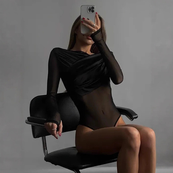 Ολόσωμη φόρμα με έναν ώμο, πιέτες σε διχτυωτό βελούδο πάνελ, πολυεστέρας-ελαστάν, μακριά μανίκια, στενή γραμμή με ψηλή μέση