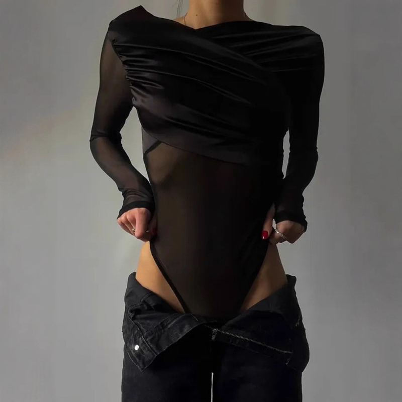 Ολόσωμη φόρμα με έναν ώμο, πιέτες σε διχτυωτό βελούδο πάνελ, πολυεστέρας-ελαστάν, μακριά μανίκια, στενή γραμμή με ψηλή μέση