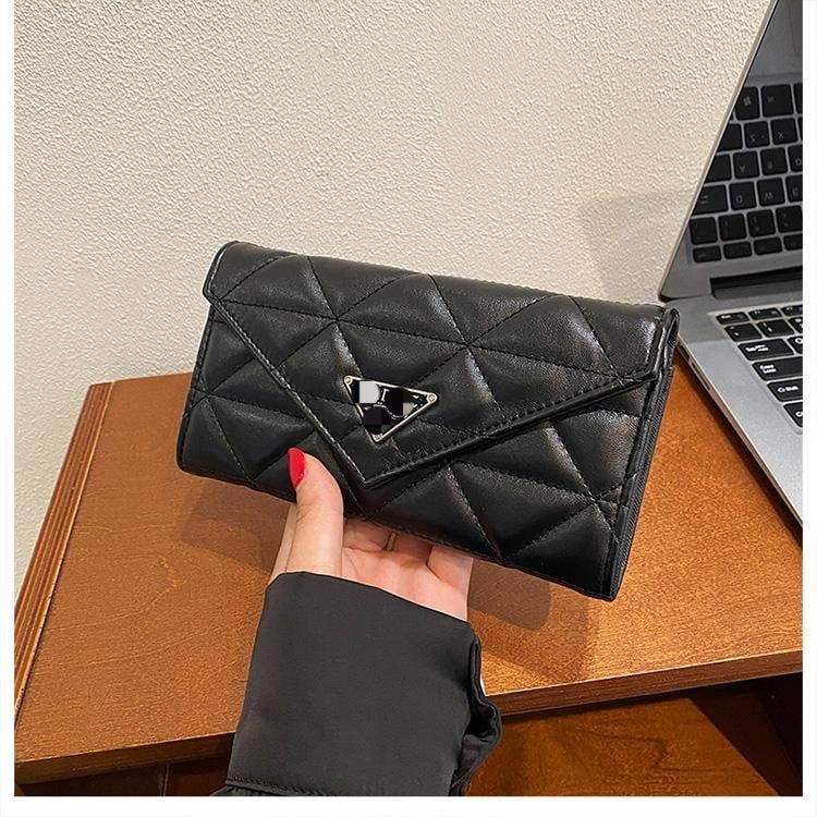 Portofel lung cu broderie rombi, model geometric, material PU, căptușeală PU, numeroase compartimente pentru carduri, compartiment mare pentru bancnote, lansare 2025