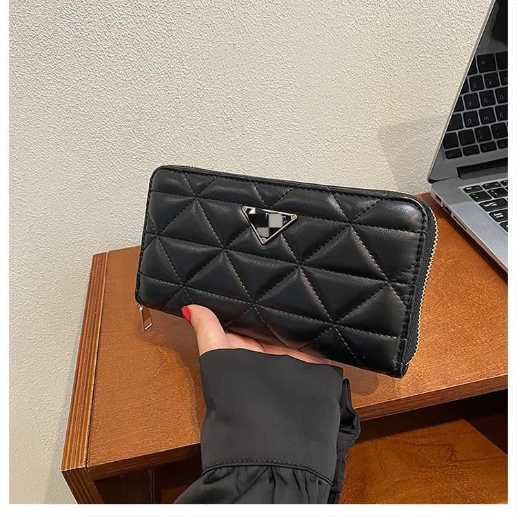 Portofel lung cu broderie rombi, model geometric, material PU, căptușeală PU, numeroase compartimente pentru carduri, compartiment mare pentru bancnote, lansare 2025