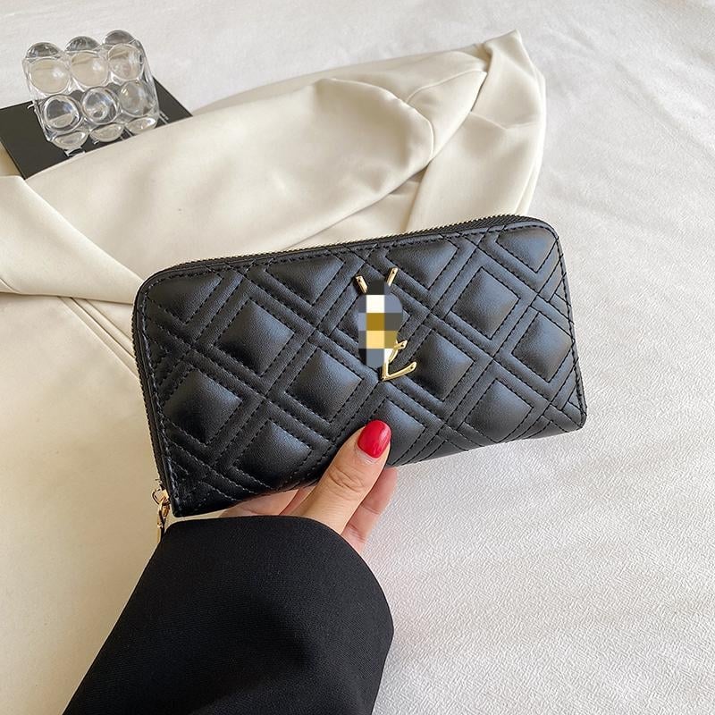 Portofel lung cu broderie rombi, model geometric, material PU, căptușeală PU, numeroase compartimente pentru carduri, compartiment mare pentru bancnote, lansare 2025