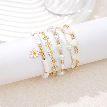 Set brățări din perle artificiale, cu motive inimă și margarete, pentru femei – bijuterii boho minimalist, lucrate manual