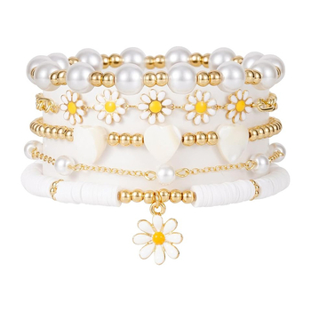 Set brățări din perle artificiale, cu motive inimă și margarete, pentru femei – bijuterii boho minimalist, lucrate manual