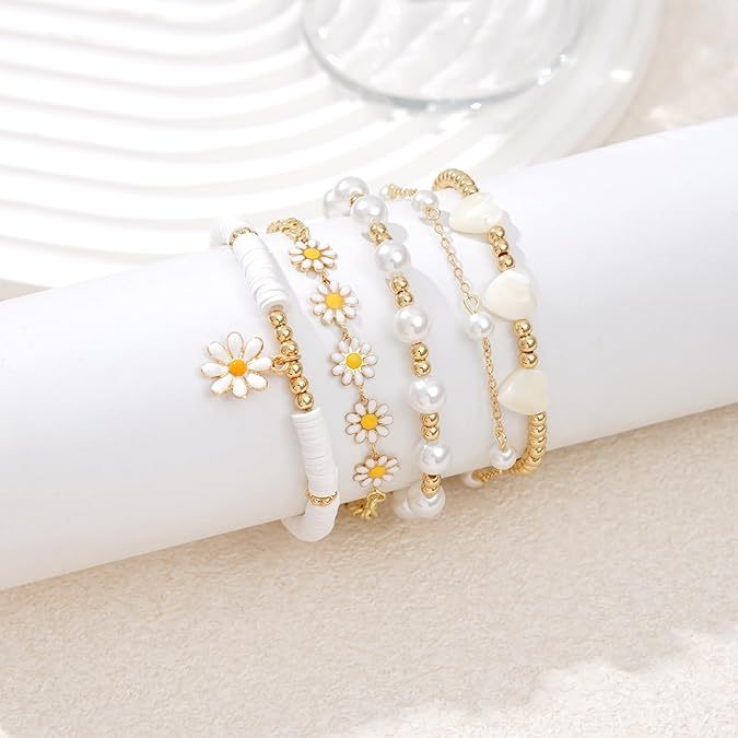 Set brățări din perle artificiale, cu motive inimă și margarete, pentru femei – bijuterii boho minimalist, lucrate manual