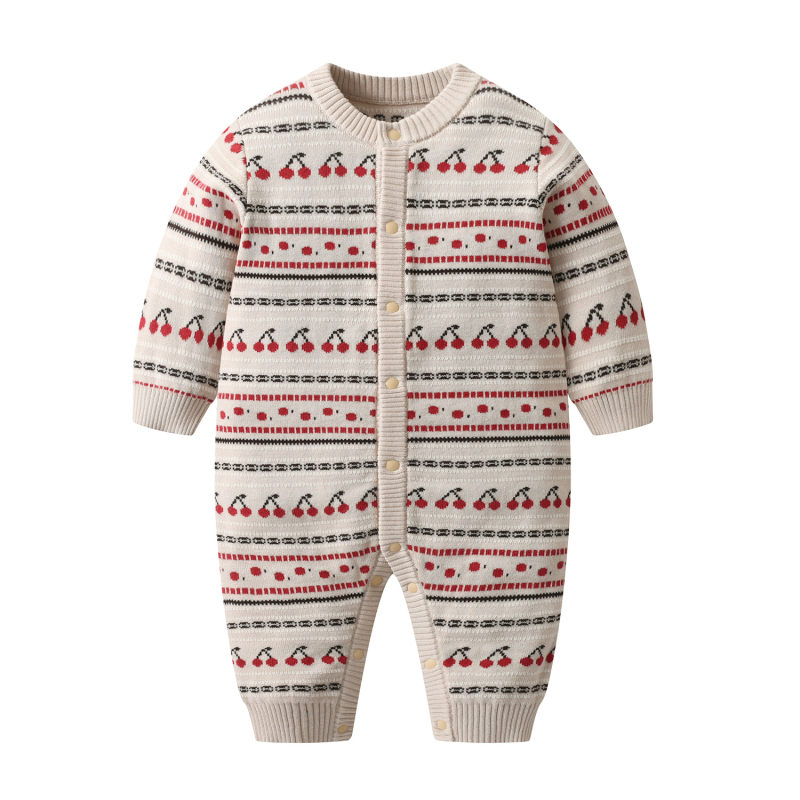 Salopetă pentru bebeluși din bumbac tricotat, jacquard dublu, gros, 0–1 ani, mâneci lungi, fără glugă, închidere frontală cu nasture
