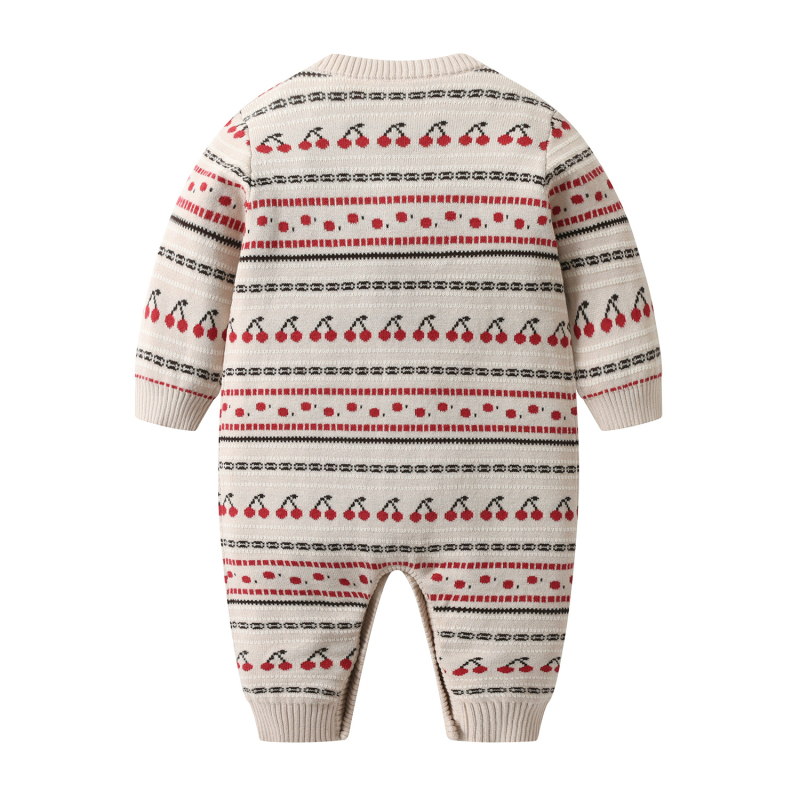 Salopetă pentru bebeluși din bumbac tricotat, jacquard dublu, gros, 0–1 ani, mâneci lungi, fără glugă, închidere frontală cu nasture