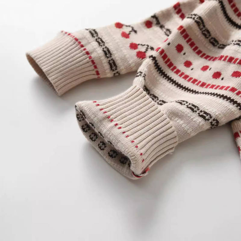 Salopetă pentru bebeluși din bumbac tricotat, jacquard dublu, gros, 0–1 ani, mâneci lungi, fără glugă, închidere frontală cu nasture