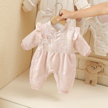 Pamut téli baba overál lányoknak pillangó mintával, hosszú ujjú, kapucni nélküli, elöl gombos