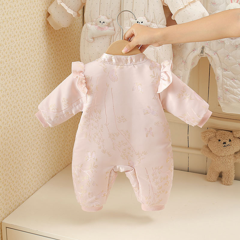 Pamut téli baba overál lányoknak pillangó mintával, hosszú ujjú, kapucni nélküli, elöl gombos