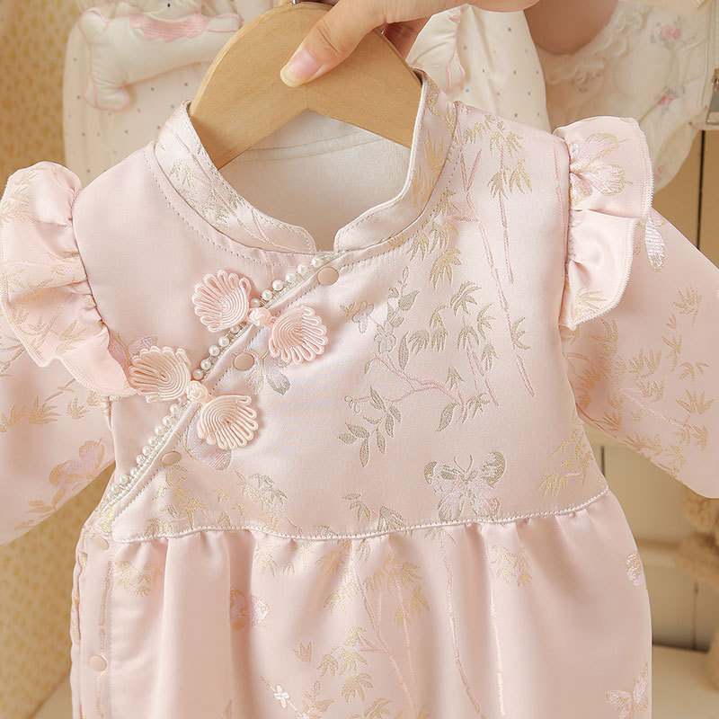 Pamut téli baba overál lányoknak pillangó mintával, hosszú ujjú, kapucni nélküli, elöl gombos