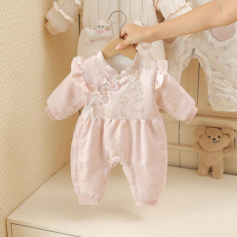 Pamut téli baba overál lányoknak pillangó mintával, hosszú ujjú, kapucni nélküli, elöl gombos