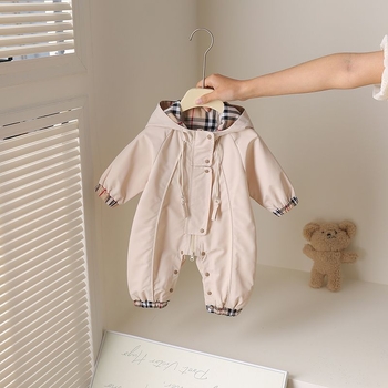 Body de bebe cu glugă și fermoar, Versiune coreeană, Model carouri, Primăvară-Toamnă, Unisex, vârstă 0–1 ani