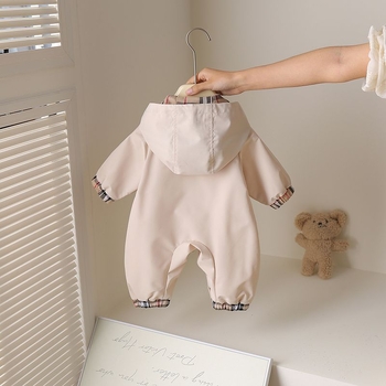 Body de bebe cu glugă și fermoar, Versiune coreeană, Model carouri, Primăvară-Toamnă, Unisex, vârstă 0–1 ani
