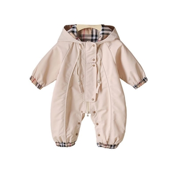 Body de bebe cu glugă și fermoar, Versiune coreeană, Model carouri, Primăvară-Toamnă, Unisex, vârstă 0–1 ani