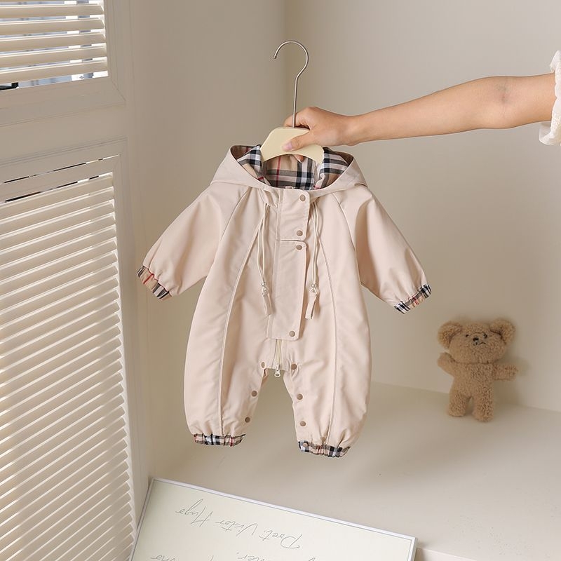 Body de bebe cu glugă și fermoar, Versiune coreeană, Model carouri, Primăvară-Toamnă, Unisex, vârstă 0–1 ani