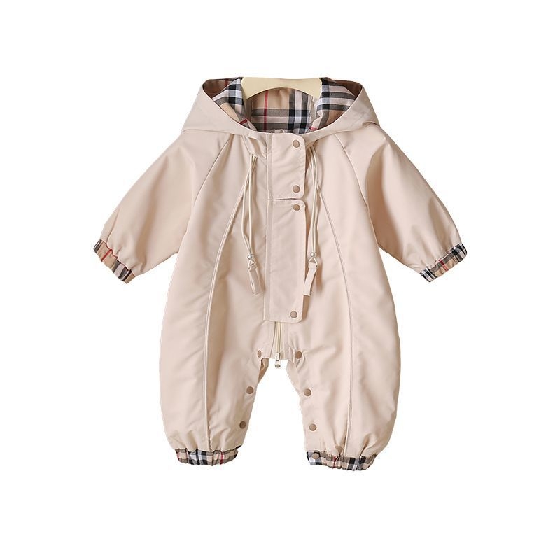 Body de bebe cu glugă și fermoar, Versiune coreeană, Model carouri, Primăvară-Toamnă, Unisex, vârstă 0–1 ani