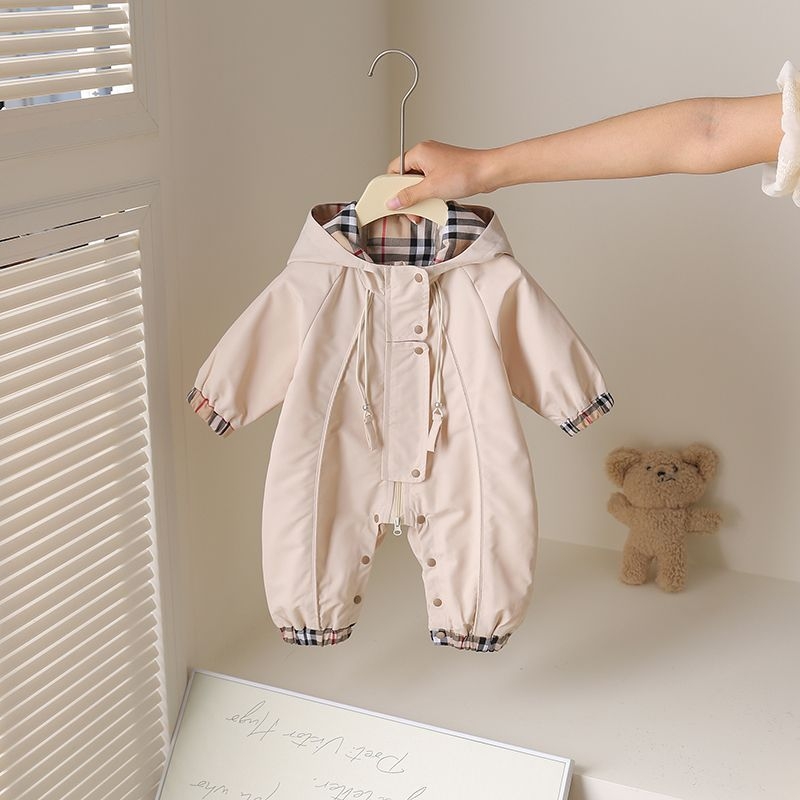 Body de bebe cu glugă și fermoar, Versiune coreeană, Model carouri, Primăvară-Toamnă, Unisex, vârstă 0–1 ani