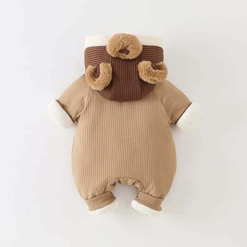 Salopetă de iarnă pentru nou-născuți cu glugă, căptușită gros, unisex, fermoar, 100% poliester