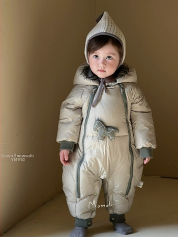 Korejiško stiliaus kūdikių down jumpsuit su 86–90% žąsų pūno pildymu, unisex, nuimamas gobtuvas, žieminė apranga