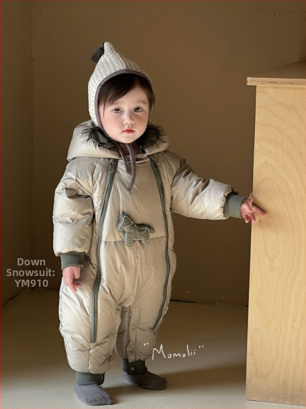 Korejiško stiliaus kūdikių down jumpsuit su 86–90% žąsų pūno pildymu, unisex, nuimamas gobtuvas, žieminė apranga