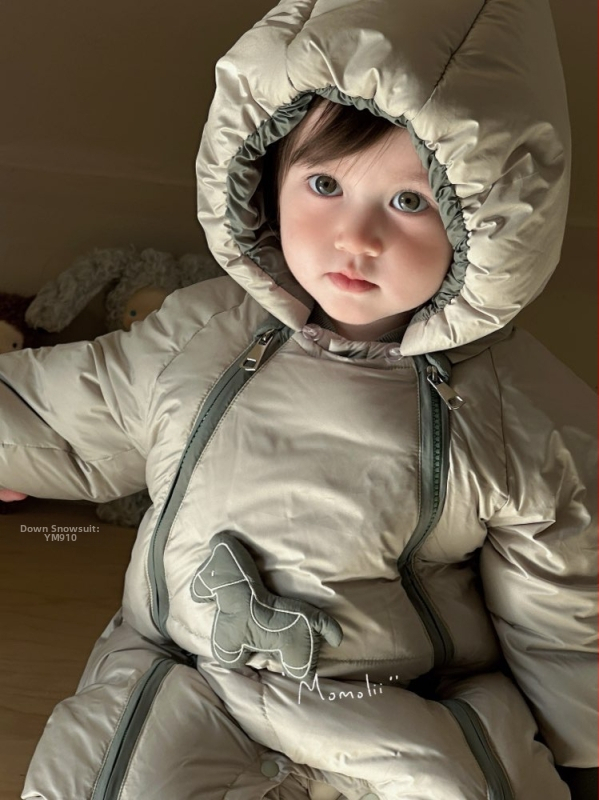 Korejiško stiliaus kūdikių down jumpsuit su 86–90% žąsų pūno pildymu, unisex, nuimamas gobtuvas, žieminė apranga