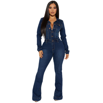 Denim jumpsuit με μακριά μανίκια, μεσαία μέση, ύφασμα βαμβάκι-ελαστάν, στυλ δρόμου χιπστερ