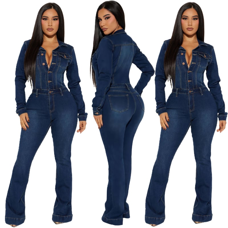 Denim jumpsuit με μακριά μανίκια, μεσαία μέση, ύφασμα βαμβάκι-ελαστάν, στυλ δρόμου χιπστερ