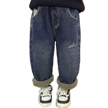 Jeansi pentru copii cu fleece de alpacă, pantaloni groși pentru băieți și fete, talie medie, țesătură moale din bumbac-poliester 55%