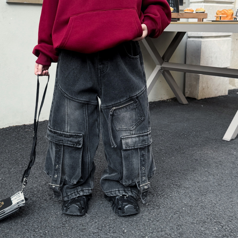 Blugi pentru copii, stil coreean, 78% bumbac, iarnă, talie medie cu curea elastică