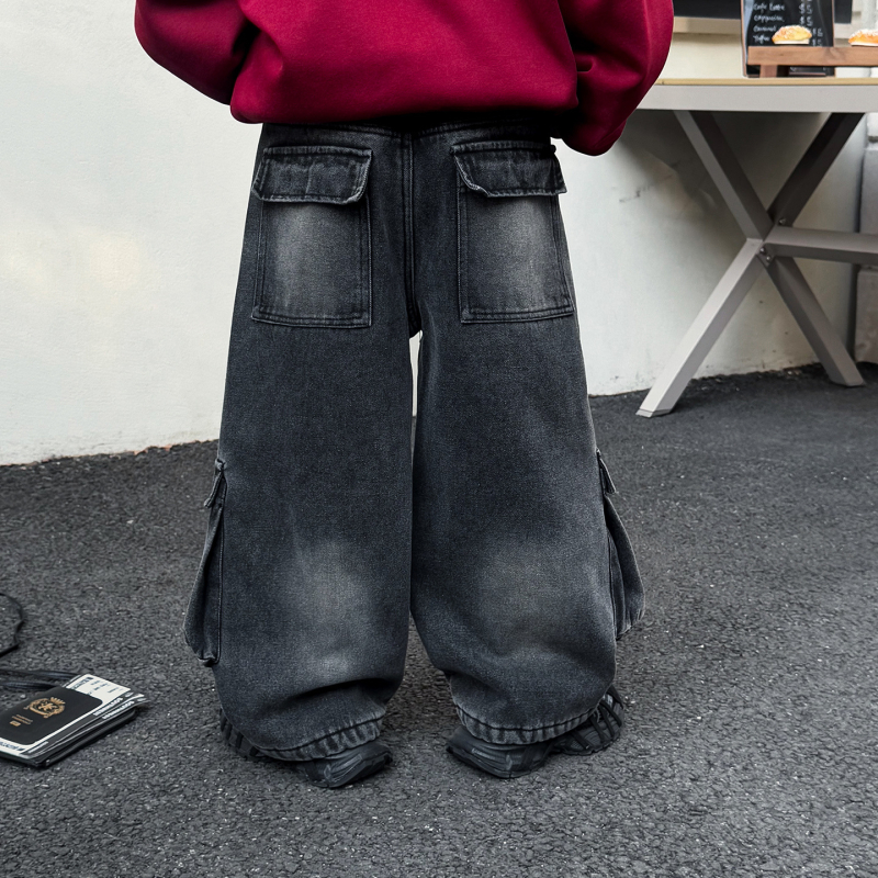 Blugi pentru copii, stil coreean, 78% bumbac, iarnă, talie medie cu curea elastică