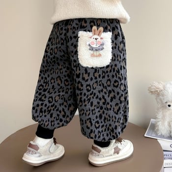 Pantaloni fleece cu imprimeu leopard pentru fetițe, stil coreean, 80% bumbac, vârste 3–8 ani, toamnă 2025