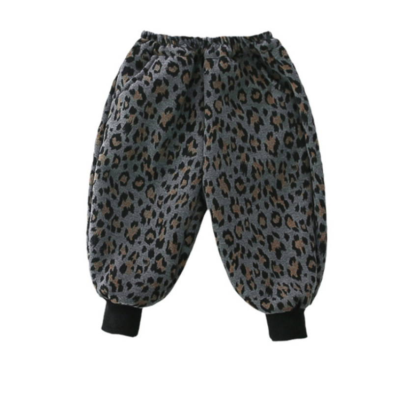 Pantaloni fleece cu imprimeu leopard pentru fetițe, stil coreean, 80% bumbac, vârste 3–8 ani, toamnă 2025